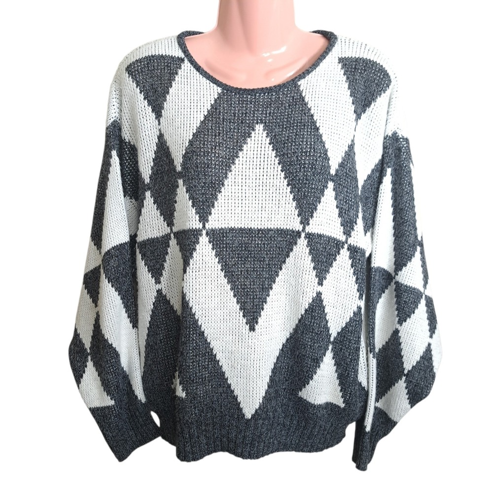Design Women's Sweater Size M Charcoal/White Argyle Pattern Outdoor Casual